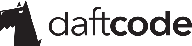 Company logo of daftcode with stylized lowercase letters, the "d" attached to an abstract black figure resembling a wolf's head.
