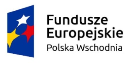 Logo for "Fundusze Europejskie Polska Wschodnia" with a graphic of three stars in yellow, red, and white arranged in a triangle formation on a blue background, pointing towards a larger white star, alongside the text in bold, sans-serif font.
