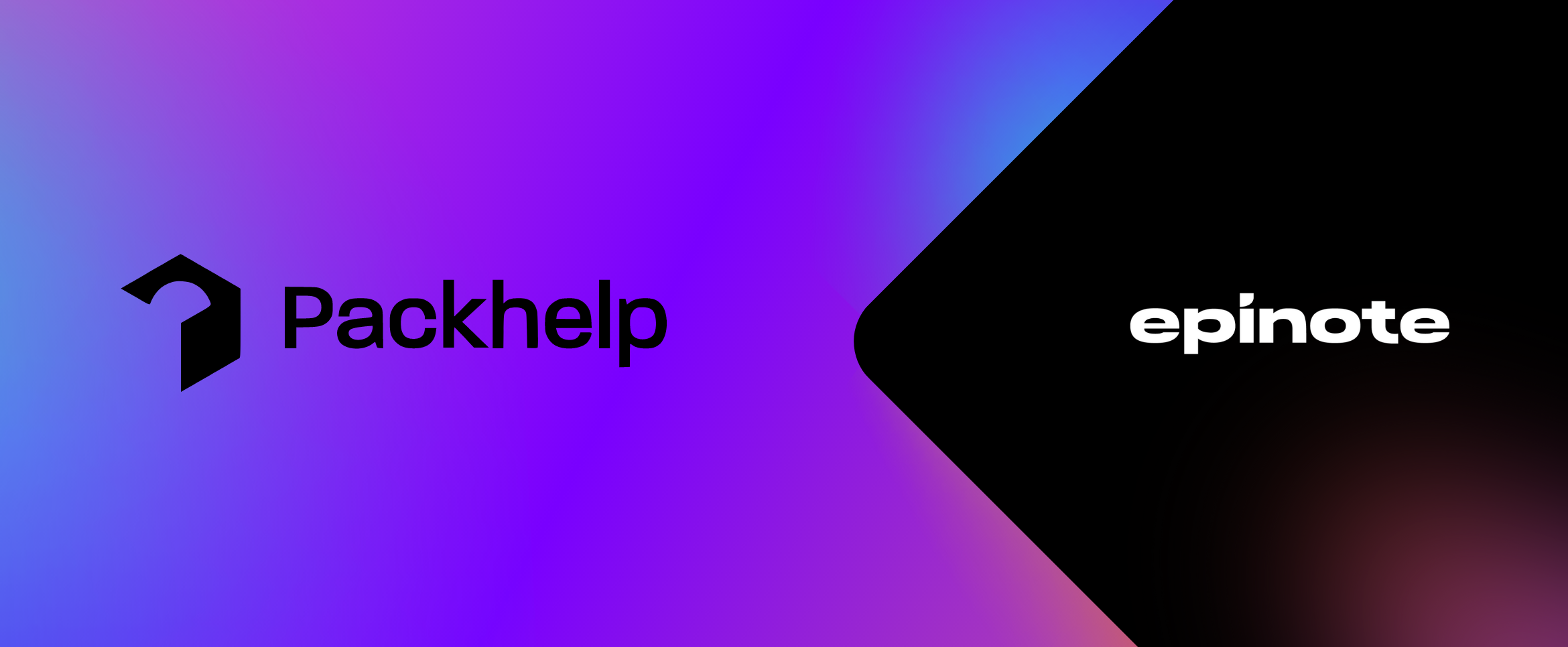 A banner showing two logotypes - Packhelp and Epinote. Packhelp's logotype is black and on the left, put on a gradient background (in pink, blue, purple). The Epinote logotype is white and placed on a black background with a slight highlight in pink in bottom-right corner.