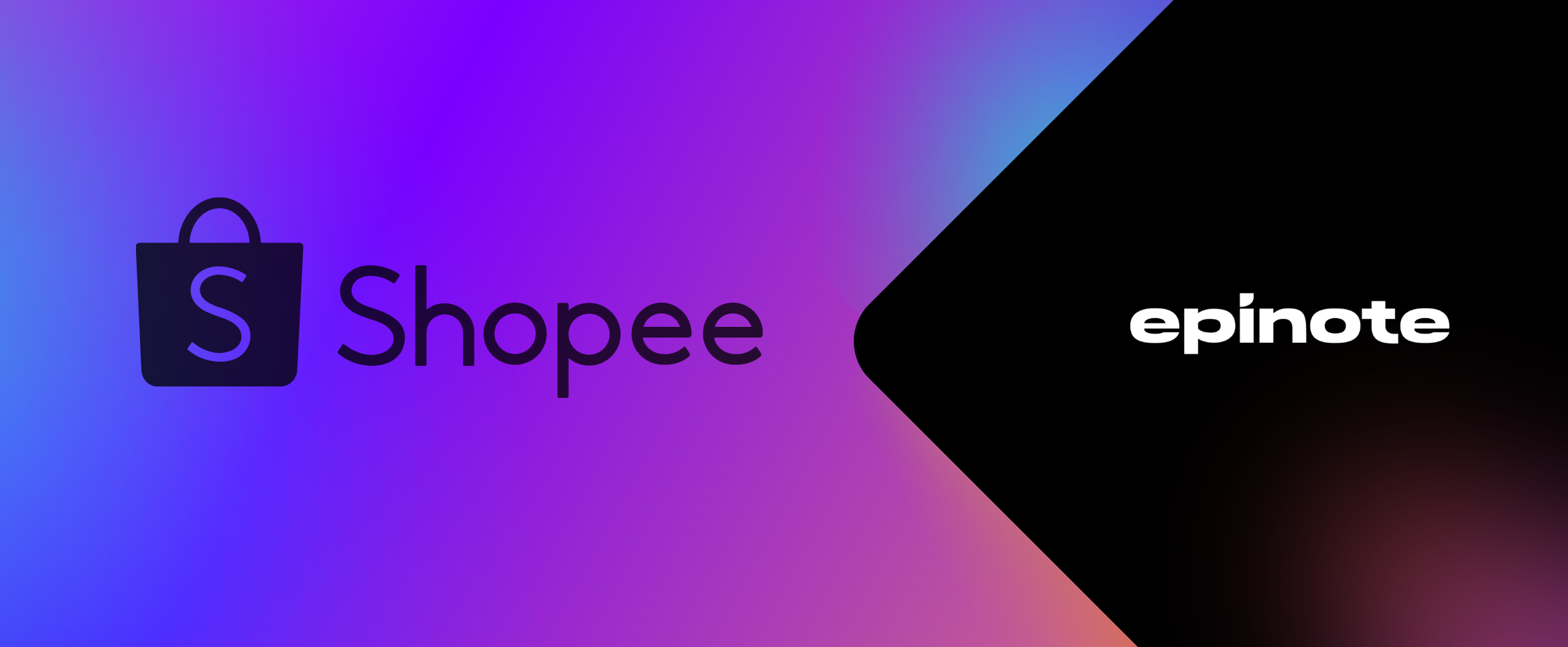 A banner showcasing two logotypes - Shopee and epinote. The Shopee logotype is located on the left, it's black and put on a gradient background with pink, purple and blue colours. The epinote logotype is white and put on a black background on the right. The two parts of the banner are connected with a triangular shape.